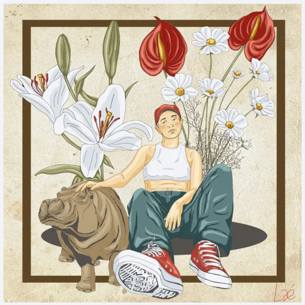 Jeune femme assise, la main posée sur le dos d'un hippopotame, parmi des lys blancs et des anthuriums rouges.