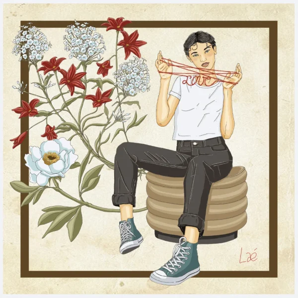 Jeune femme assise sur un pouf, tendant entre ses mains un entrelacs de ficelle rouge, parmi des fleurs blanches et rouges.