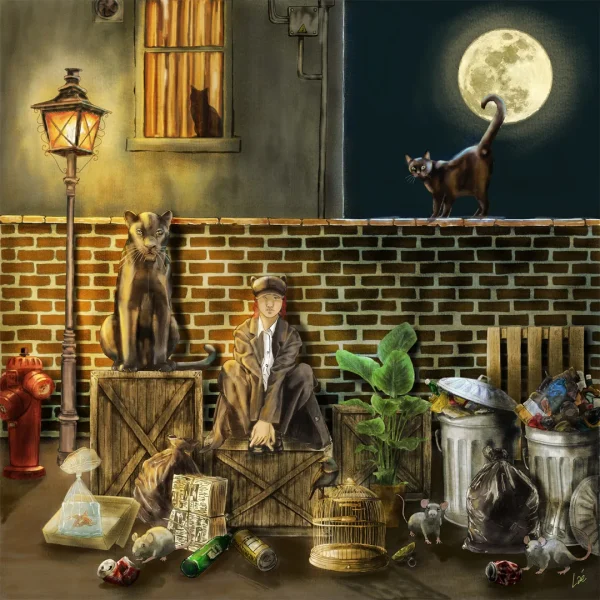 Ruelle nocturne sous la pleine lune : une personne assise sur une caisse entre les poubelles, entourée de chats et de souris.