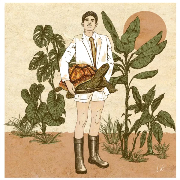 Homme en costume blanc et bottes de caoutchouc portant une grande tortue à bout de bras, devant une végétation tropicale au soleil couchant.