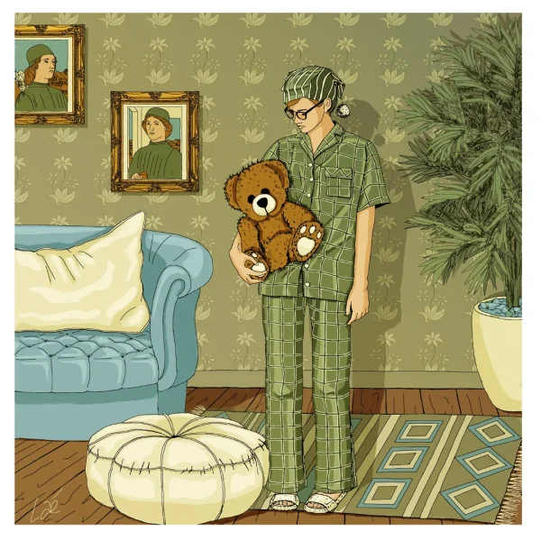 Personne en pyjama vert à carreaux et bonnet de nuit, serrant un ours en peluche dans un salon au papier peint fleuri.