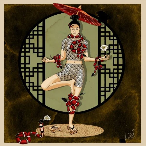 Yogi en posture de l'arbre sous une ombrelle rouge, des serpents corail enroulés autour de ses bras et de sa jambe.