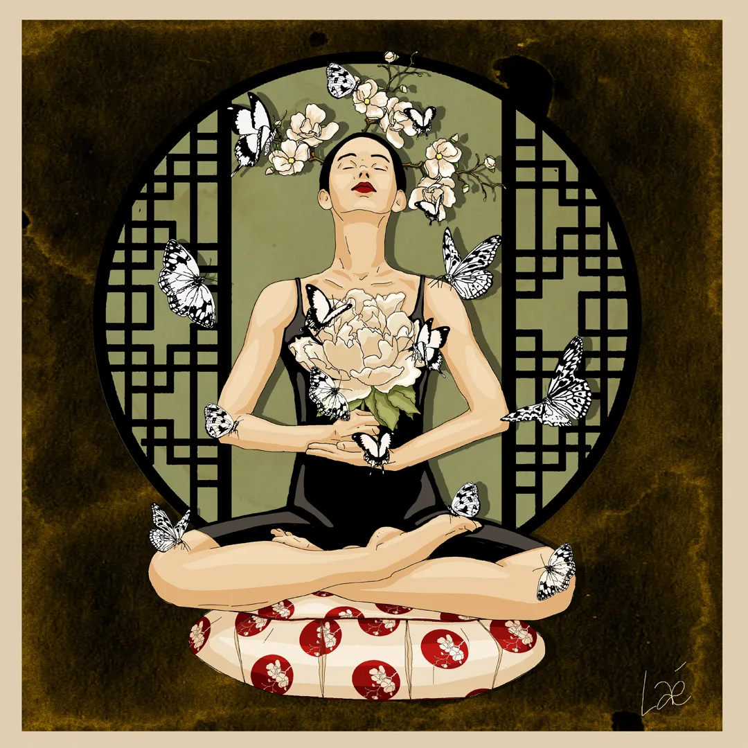 Yogi en méditation, les mains en coupe autour d'une pivoine blanche, entouré de papillons posés sur son corps.